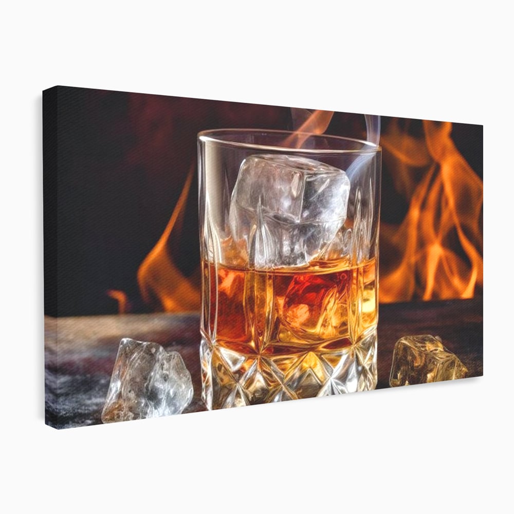 Tablou canvas cu tablou canvas cu pahar de whisky si foc, fara rama, pe sasiu de lemn